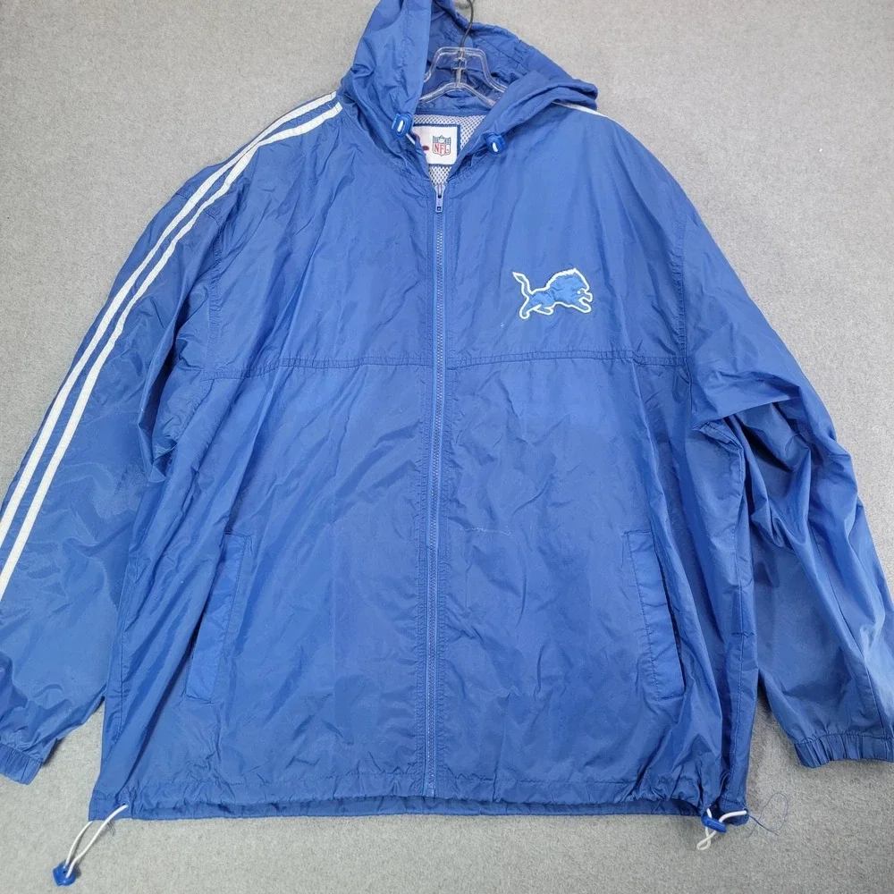 Vintage Detroit Lions Jacket Mens XXL Blue NFL Football Hooded Windbreaker 90s
